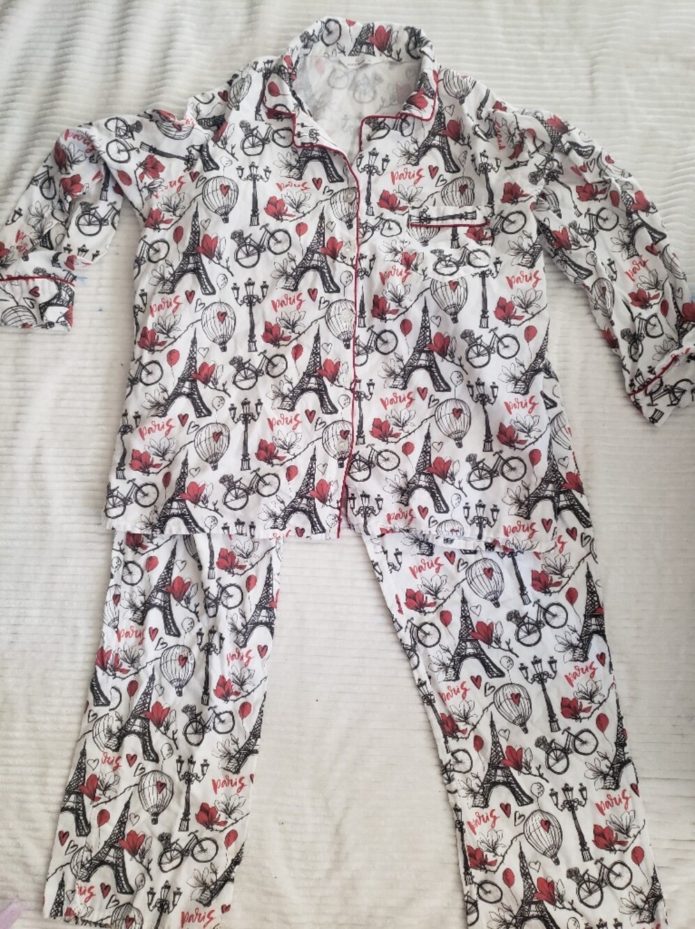 Noble Mount Paris Print Cotton Button Up Pajama Set White Black & Red Motif XL